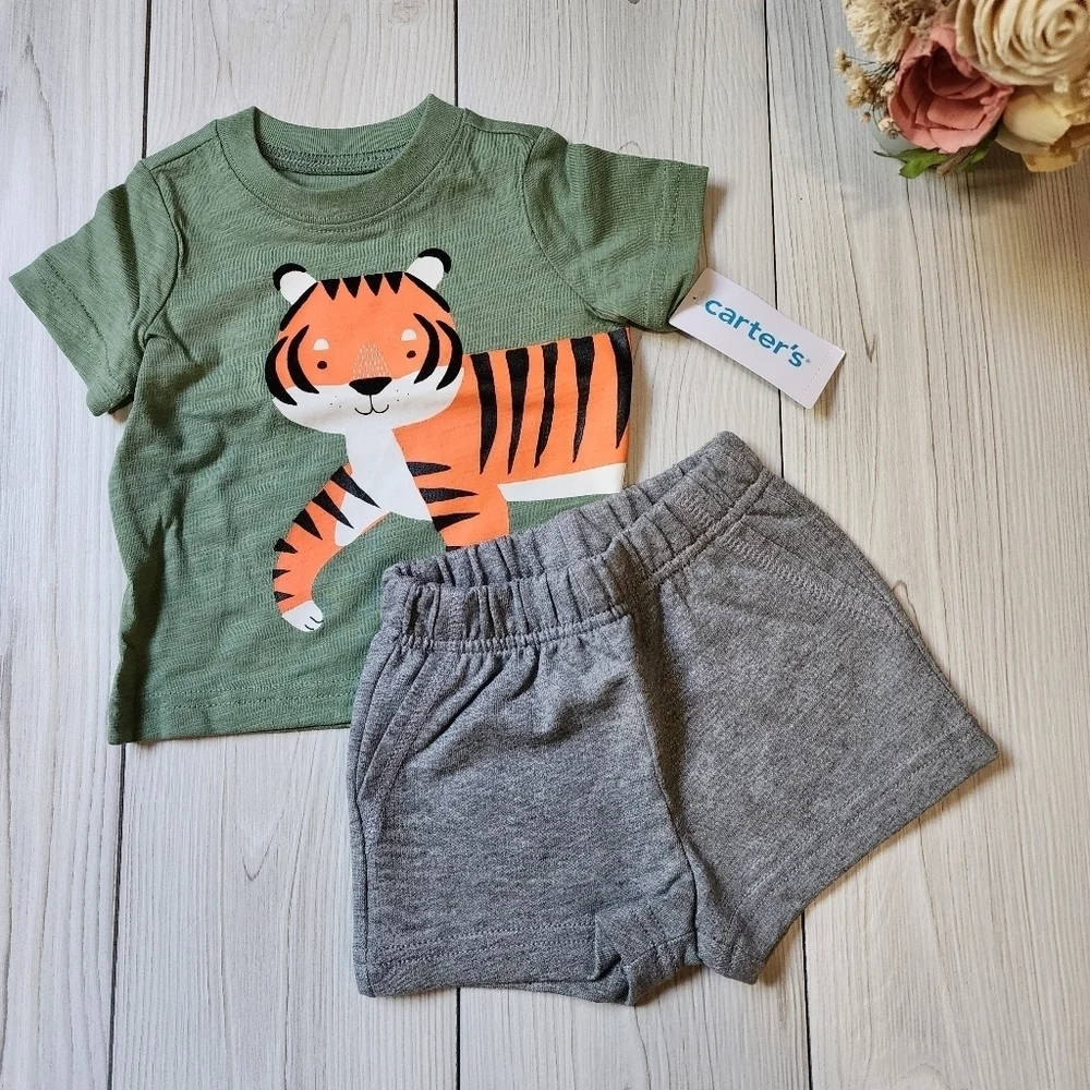 Carter's green short sleeve shirt with grey shorts 2 piece set Size 3 mo NWT